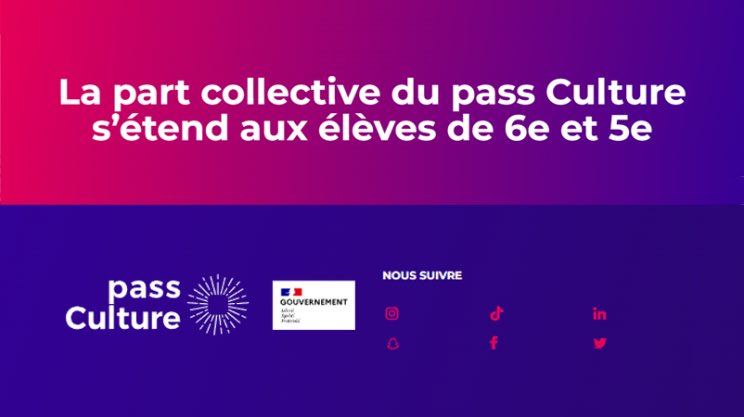 arts_edu_num's tweet photo. #Rentrée2023 | 💯%#EAC

📍Extension du pass Culture aux 6e et 5e

✅ Le bénéfice de la part collective est étendu aux élèves de 6e et de 5e. Le montant alloué est de 25 euros par élève, comme pour les niveaux 4e et 3e

👉https://t.co/PbM46zOg4m https://t.co/RZQ7BVOe3i