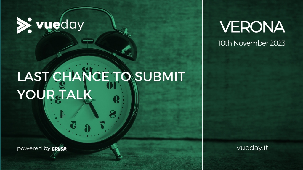 vuedayit's tweet photo. ⌛ Today is the last day to submit your talk proposal: https://t.co/1ewQxUlXRw
#CFP is closing tonight!
Looking forward to meeting you in 📍 Verona on 📅 10.11.23
🎫 https://t.co/bp3EaXBlpi
@grusp #vueday #vue #vuejs #nuxtjs #vuex #vuejsdeveloper #javascript #js #vuedev https://t.co/WYuTddjv7e