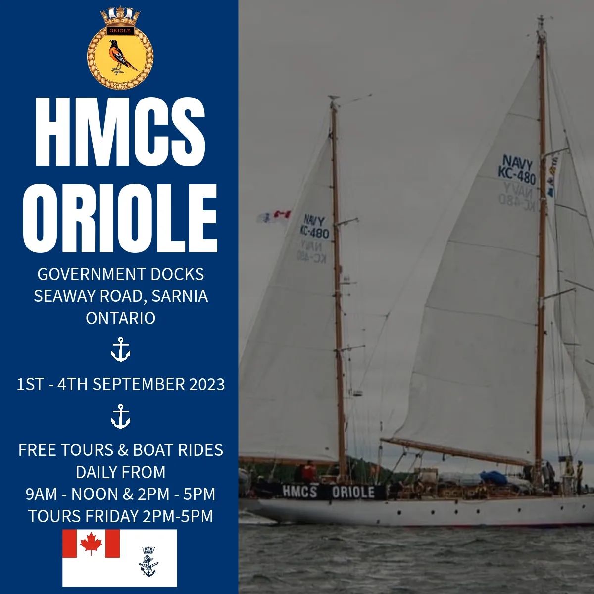HMCS PREVOST / NCSM PREVOST (@hmcsncsmprevost) on Twitter photo HMCS Oriole will be in <a href="/Sarnia_Ontario/">City of Sarnia</a> and open to the public for tours from 1-4 Sep 23 at the Government Docks on Seaway Rd / Le NCSM Oriole sera à <a href="/Sarnia_Ontario/">City of Sarnia</a> et ouvert au public pour des visites du 1er au 4 septembre 2023 aux quais du gouvernement sur le chemin Seaway. HMCS Oriole will be in <a href="/Sarnia_Ontario/">City of Sarnia</a> and open to the public for tours from 1-4 Sep 23 at the Government Docks on Seaway Rd / Le NCSM Oriole sera à <a href="/Sarnia_Ontario/">City of Sarnia</a> et ouvert au public pour des visites du 1er au 4 septembre 2023 aux quais du gouvernement sur le chemin Seaway.