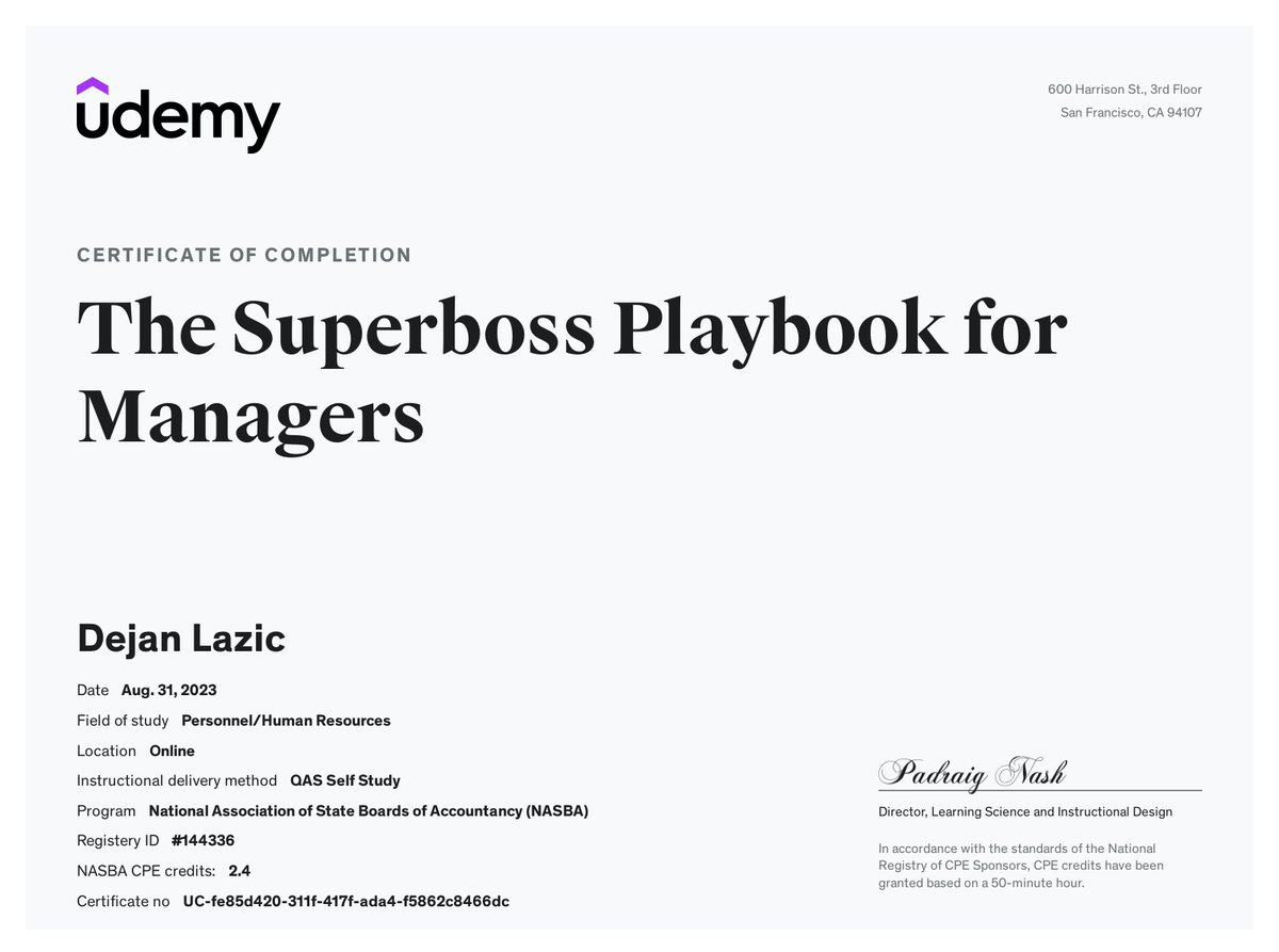 dlazic's tweet photo. My course completion certificate for "The Superboss Playbook for Managers" https://t.co/n3meKx6Mwm via @udemy https://t.co/MUJZ9gBt0U