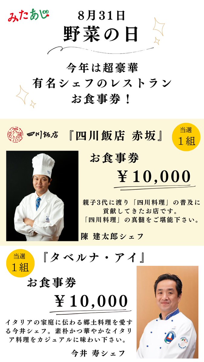 mita_aji_ten's tweet photo. 野菜の日！気まぐれセール！
みたあじでは毎年大好評企画✨

税抜 1,831円　送料無料

今年も豪華当たりBOX🎁
数量限定です！
★有名シェフのお店の食事券　当選4組まで
★フルーツBOX
詳細は写真をご覧ください。

ご注文はこちら⏬
https://t.co/9Rw4hBp8Yr

注文数に応じて当たりBOX増えます！ https://t.co/5Q7FDVp0go