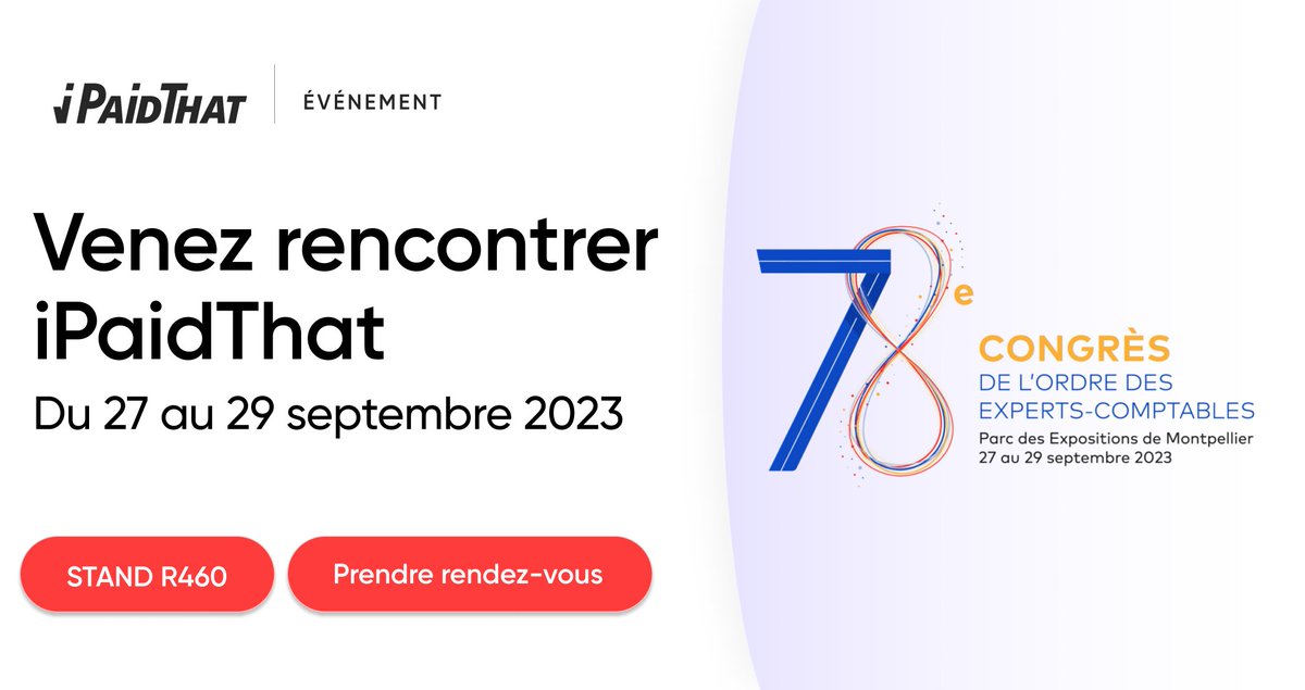 IPaidThat 🚀 (@ipaidthat) on Twitter photo Le 78ème Congrès de l’Ordre des experts-comptables Paris Ile-de-France c'est dans mois !🚀
Nous sommes impatients de vous accueillir du 27 au 29 septembre 2023, au Palais des expositions de Montpellier. 🗓️
Prenez rendez-vous avec l'un de nos experts
congres78oec.youcanbook.me Le 78ème Congrès de l’Ordre des experts-comptables Paris Ile-de-France c'est dans mois !🚀
Nous sommes impatients de vous accueillir du 27 au 29 septembre 2023, au Palais des expositions de Montpellier. 🗓️
Prenez rendez-vous avec l'un de nos experts
congres78oec.youcanbook.me