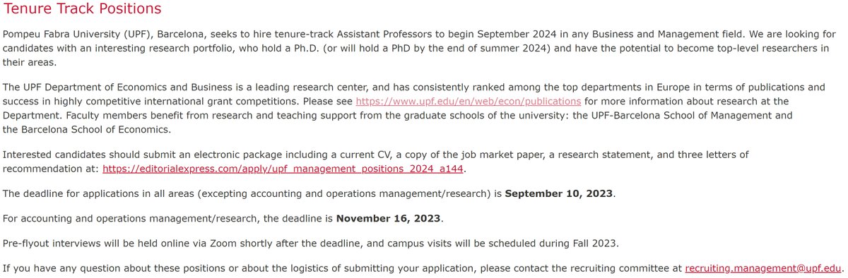 Theo Vladasel (@theovladasel) on Twitter photo 📣Job market announcement:
Pompeu Fabra University (UPF), Barcelona, seeks to hire tenure-track Assistant Professors starting September 2024 in any business and management field.
Details at: upf.edu/web/econ//tenu…
CC: <a href="/UPFBarcelona/">UPF Barcelona</a> <a href="/econ_empresaUPF/">Economia i Empresa UPF</a> <a href="/bse_barcelona/">Barcelona School of Economics</a> <a href="/bsm_upf/">UPF-BSM</a> 📣Job market announcement:
Pompeu Fabra University (UPF), Barcelona, seeks to hire tenure-track Assistant Professors starting September 2024 in any business and management field.
Details at: upf.edu/web/econ//tenu…
CC: <a href="/UPFBarcelona/">UPF Barcelona</a> <a href="/econ_empresaUPF/">Economia i Empresa UPF</a> <a href="/bse_barcelona/">Barcelona School of Economics</a> <a href="/bsm_upf/">UPF-BSM</a>