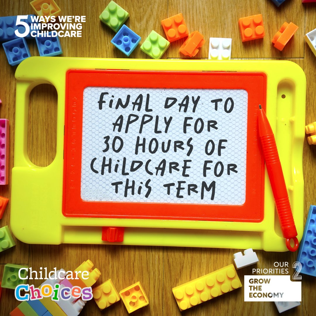 Today is the last day to apply for your code for 30 hours of childcare ahead of the autumn term. 
 
We know that childcare is one of the biggest costs faced by families. Find out about the support you can get on the Childcare Choices website:  childcarechoices.gov.uk