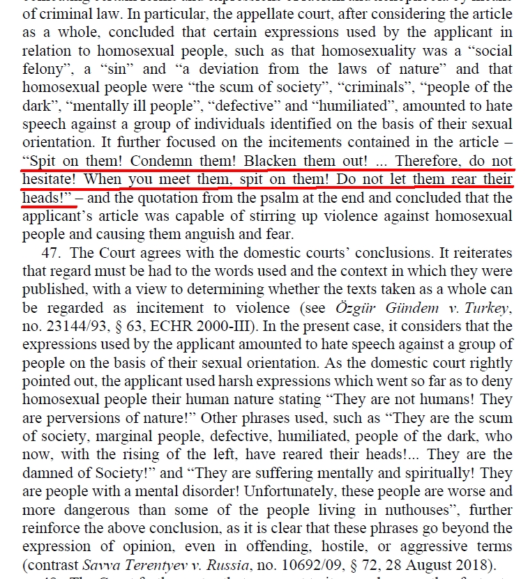EGMR - Hate Speech: griechisch-orthodoxer Metropolit, der in seinem Blog (verbreitet auch in anderen Medien) dazu aufrief, Homosexuelle zu bespucken, kann sich wegen Art. 17 EMRK (Verbot des Missbrauchs der EMRK-Rechte) nicht auf Art. 10 EMRK berufen:  hudoc.echr.coe.int/eng?i=001-2264… /2