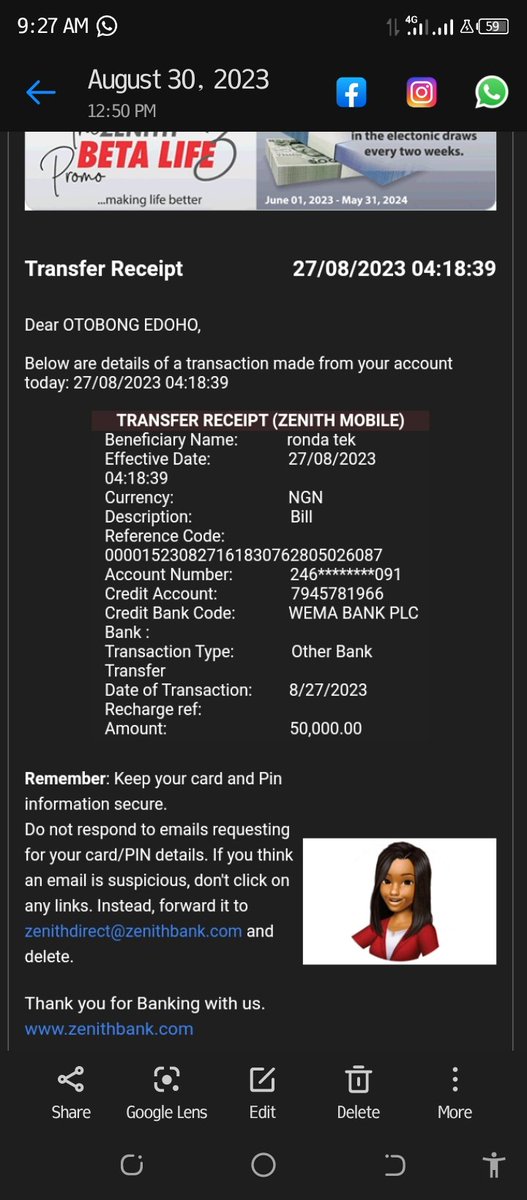 EdohoOtobong's tweet photo. @wemabank This is to Report a fraudulent transaction of N50,000 from my account on 27th August, 2023 to Ronda Tek Company, Account Number: 7945781966, Wema Bank. 

Here's the attach copy of the transaction receipt.

Thanks

Otobong Edoho https://t.co/WmfX59EU4Z