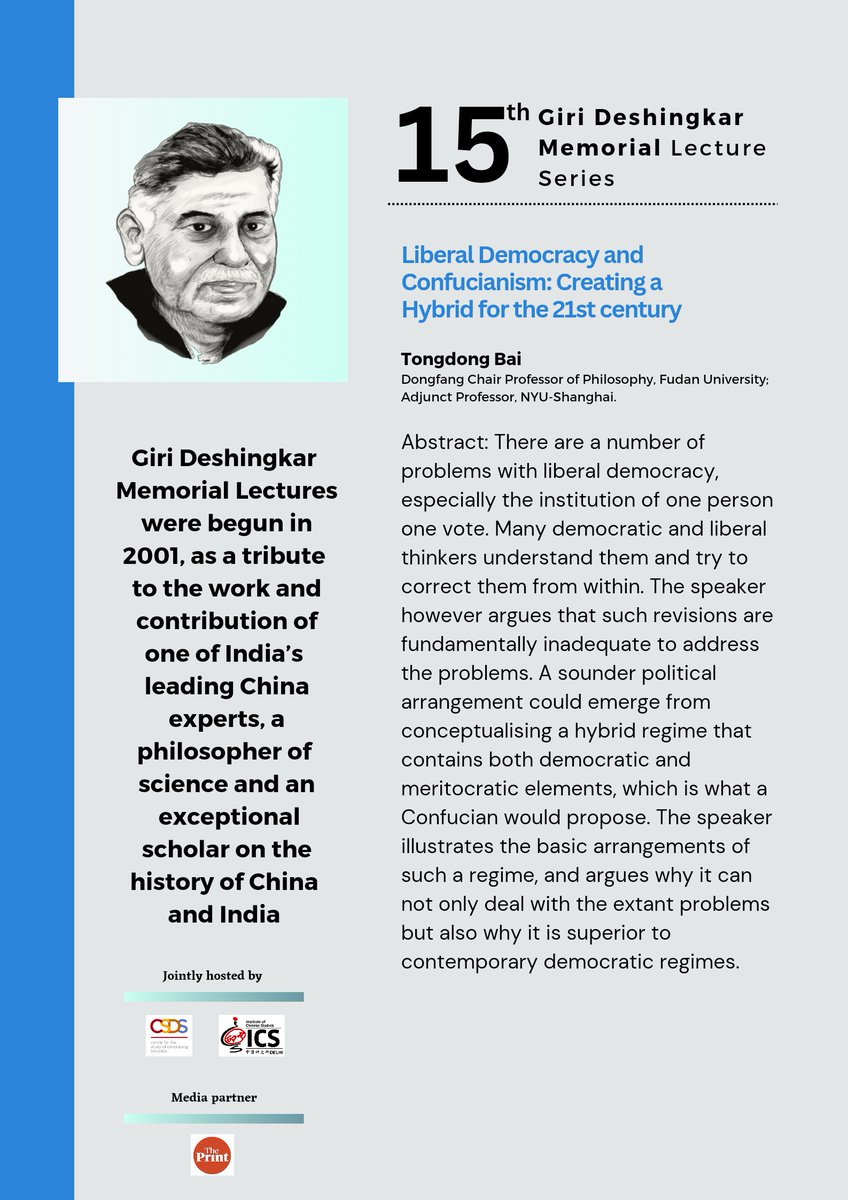 ics_delhi's tweet photo. ๐ข#15thGDML Alert ! #HappeningTomorrow
Title: Liberal Democracy and Confucianism: 'Creating a Hybrid for the 21st Century '
Speaker:@Tongdong_Bai
๐๏ธ6th Sept,2023 ๐6 PM IST๐Zoom
Register here: https://t.co/teOSWEVcsK
Co-hosted by:@csdsdelhi
Media Partner: @ThePrintIndia https://t.co/iSwtmrYRQs