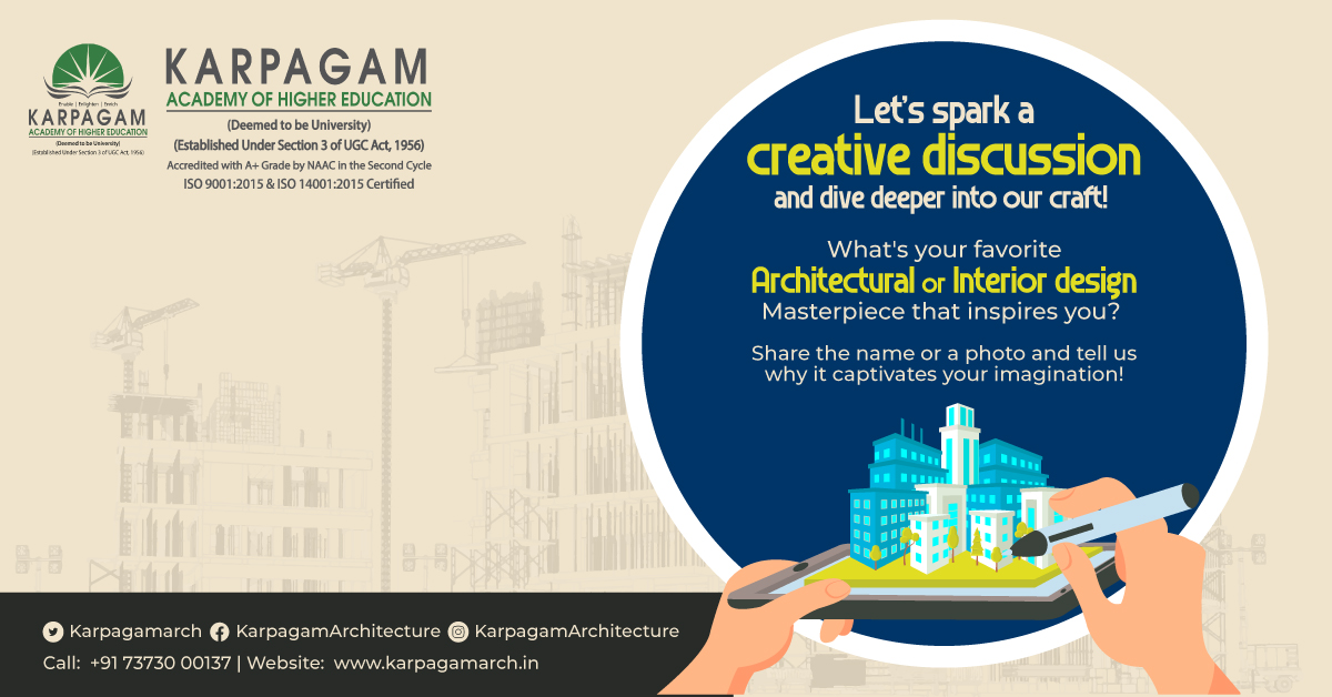 wekarpagamarch's tweet image. Let&apos;s engage in a vibrant exchange of ideas, insights, and inspiration. Together, we&apos;ll shape the future of architecture and interior design! 

𝗧𝗼 𝗸𝗻𝗼𝘄 𝗺𝗼𝗿𝗲 𝘃𝗶𝘀𝗶𝘁 𝗼𝘂𝗿 𝘄𝗲𝗯𝘀𝗶𝘁𝗲.
🌐 karpagamarch.in
📞 +91 73730 00137

#ArchitectureColleges