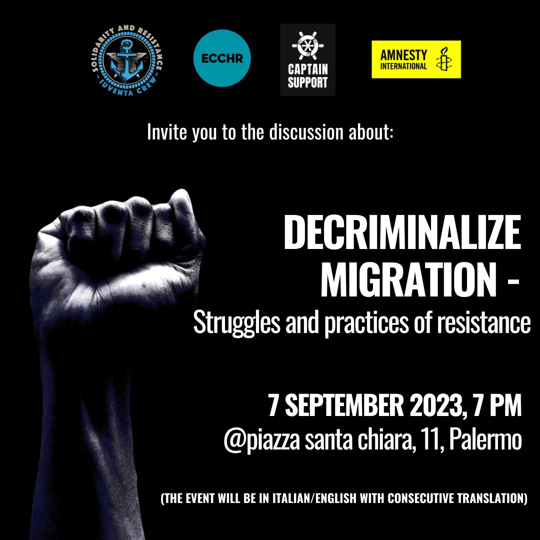 Join us in Palermo!

Discussion on the decriminalization of migration and mutual support!

To strengthen our networks, we’ll share information about criminalisation in 🇪🇺 &amp; the Global South, and explore diverse practices of resistance to #DecriminalizeFacilitation 

1/3