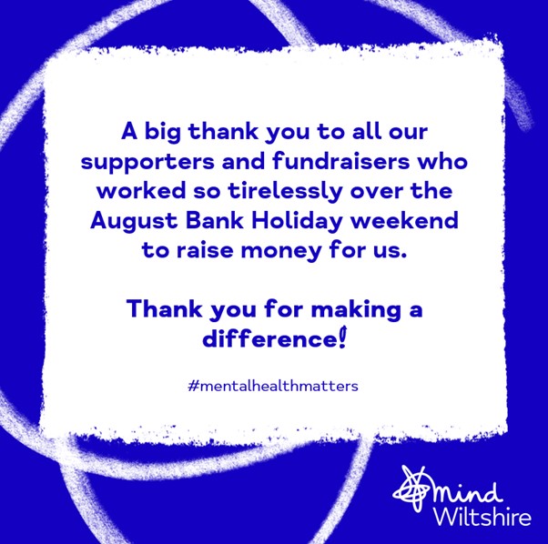 Thank you for supporting Wiltshire Mind over the Bank Holiday weekend! There were some fantastic fundraising events including cycle rides, auctions and cake sales. Every pound raised makes a real difference to us. Thank you! #mentalhealthawareness #localcommunity #wiltshire