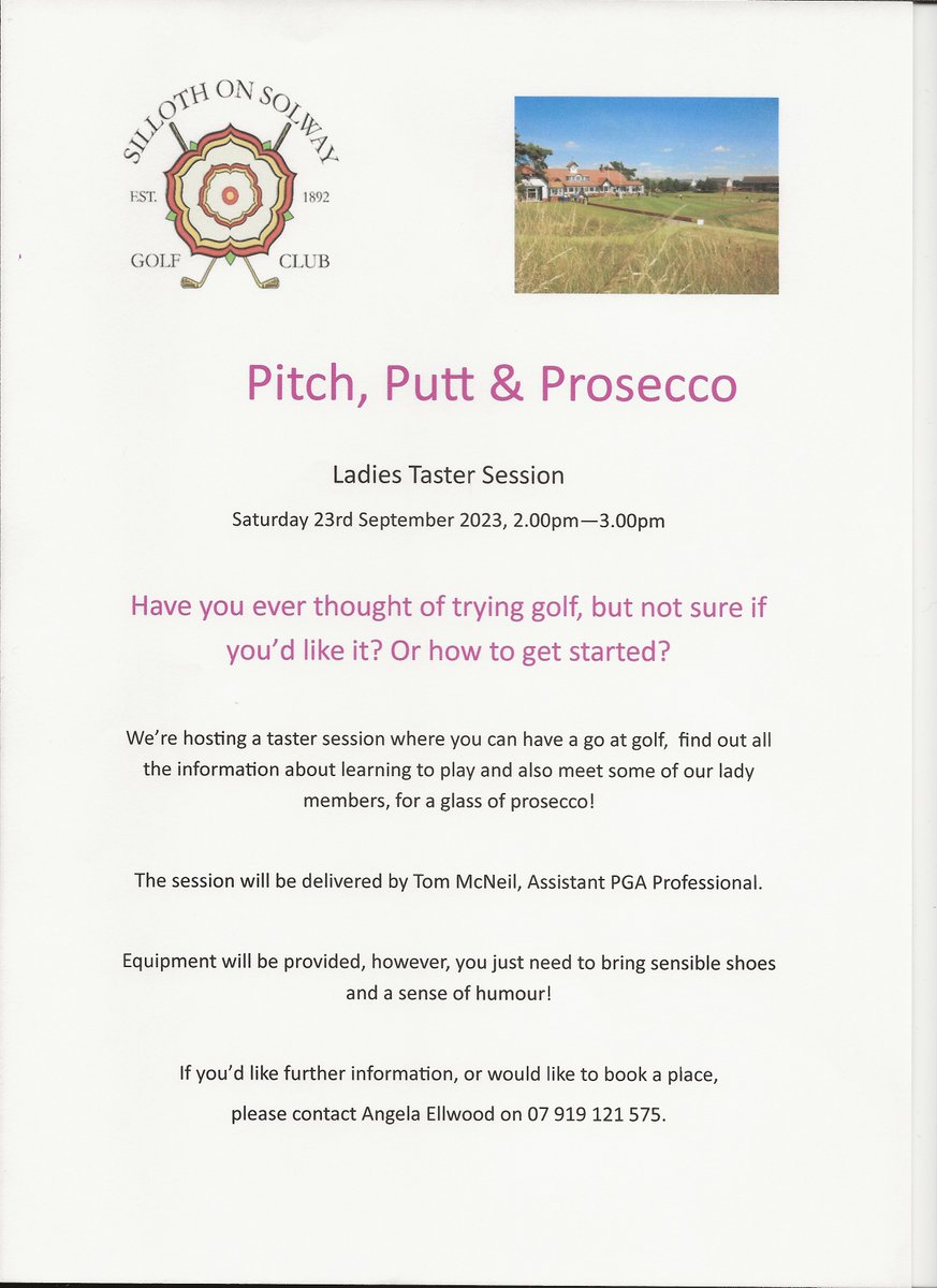 We are hosting a ladies taster session on Saturday 23rd September and we would love to see lots of ladies come down to the club and have a go at golf. All equipment will be provided and there will even be a glass of prosecco available too.