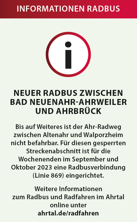KreisAhrweiler's tweet photo. #Radfahren im #Ahrtal - auf welchen Strecken ist das wieder möglich? Im September und Oktober gibt es am Wochenende & an Feiertagen einen #Radbus, der für den Übergang zwischen Bad Neuenahr-Ahrweiler und Ahrbrück verkehrt. Weiter Infos: https://t.co/YMczpvAaZJ #KreisAhrweiler https://t.co/wezBwXpmfJ