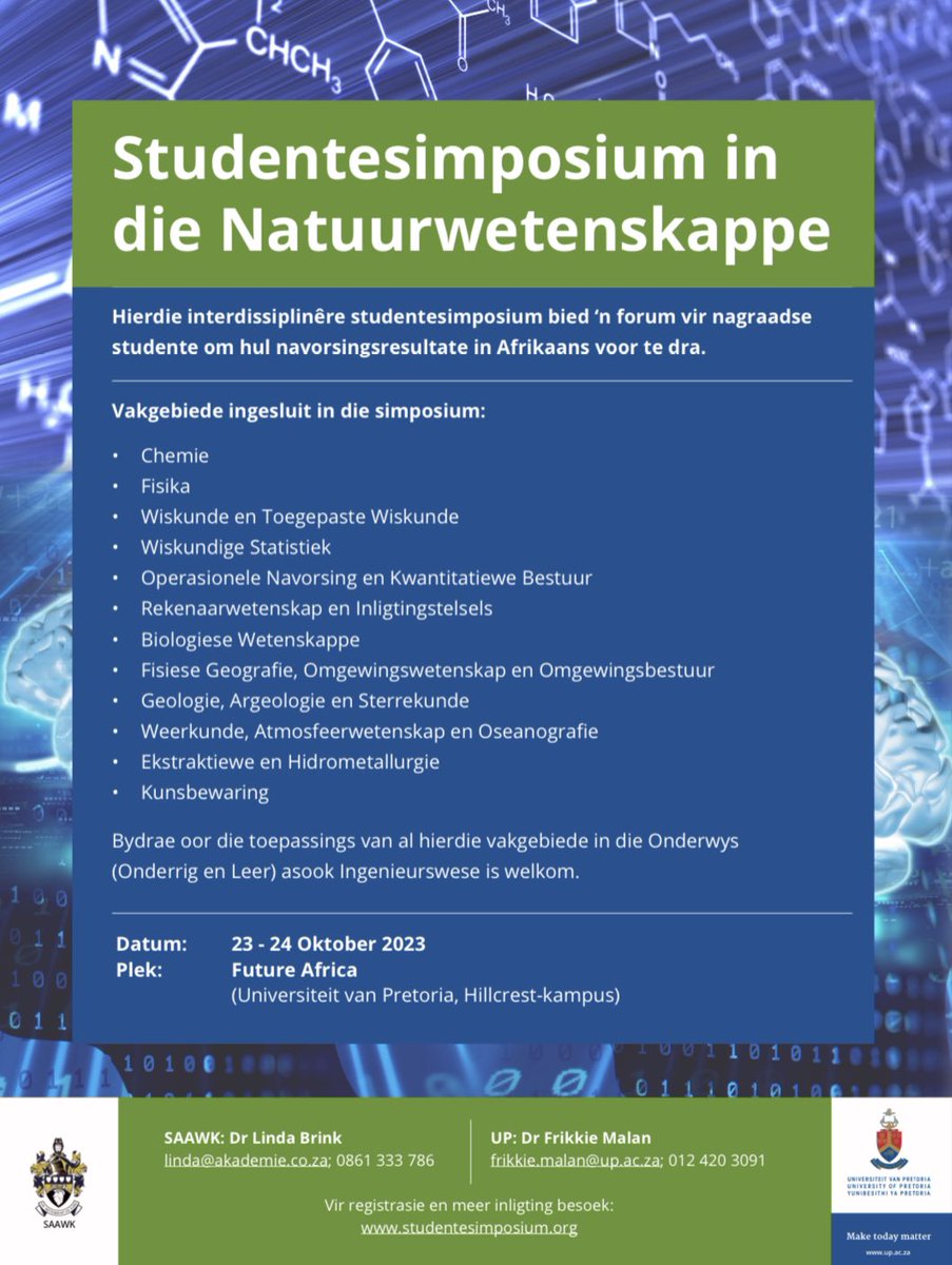 Die <a href="/UPnasagric/">UP Faculty of Natural and Agricultural Sciences</a> bied vanjaar die <a href="/SAAkademie/">Die Suid-Afrikaanse Akademie vir Wetenskap en Kuns</a> se Studentesimposium aan.