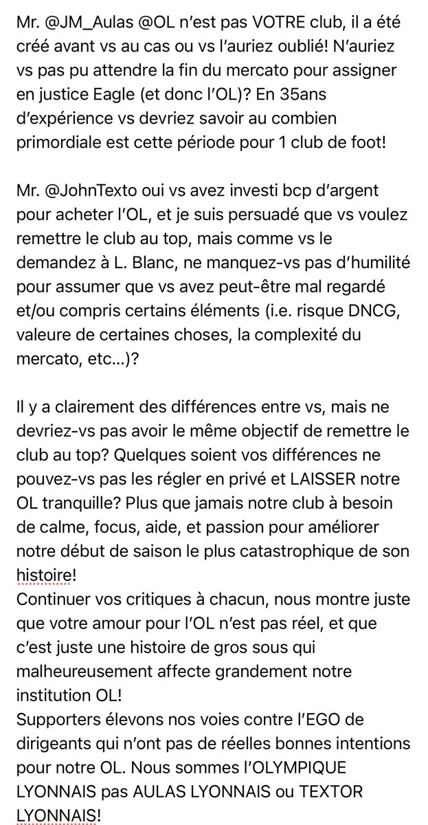 DidierChanove's tweet photo. @RMCsport Mr. @JM_Aulas @JohnTexto &amp; Cucci 
Que vous le vouliez ou non, vos différences affectent notre @OL. Quelques soient ces différences, ne pouvez-vous pas les régler en privé au lieu d’imposer un impacte public NEFASTE à notre club??
@SeriousCharly @Remus313 @Benzema3469 @PierreMenes https://t.co/hhJlAi8xEy