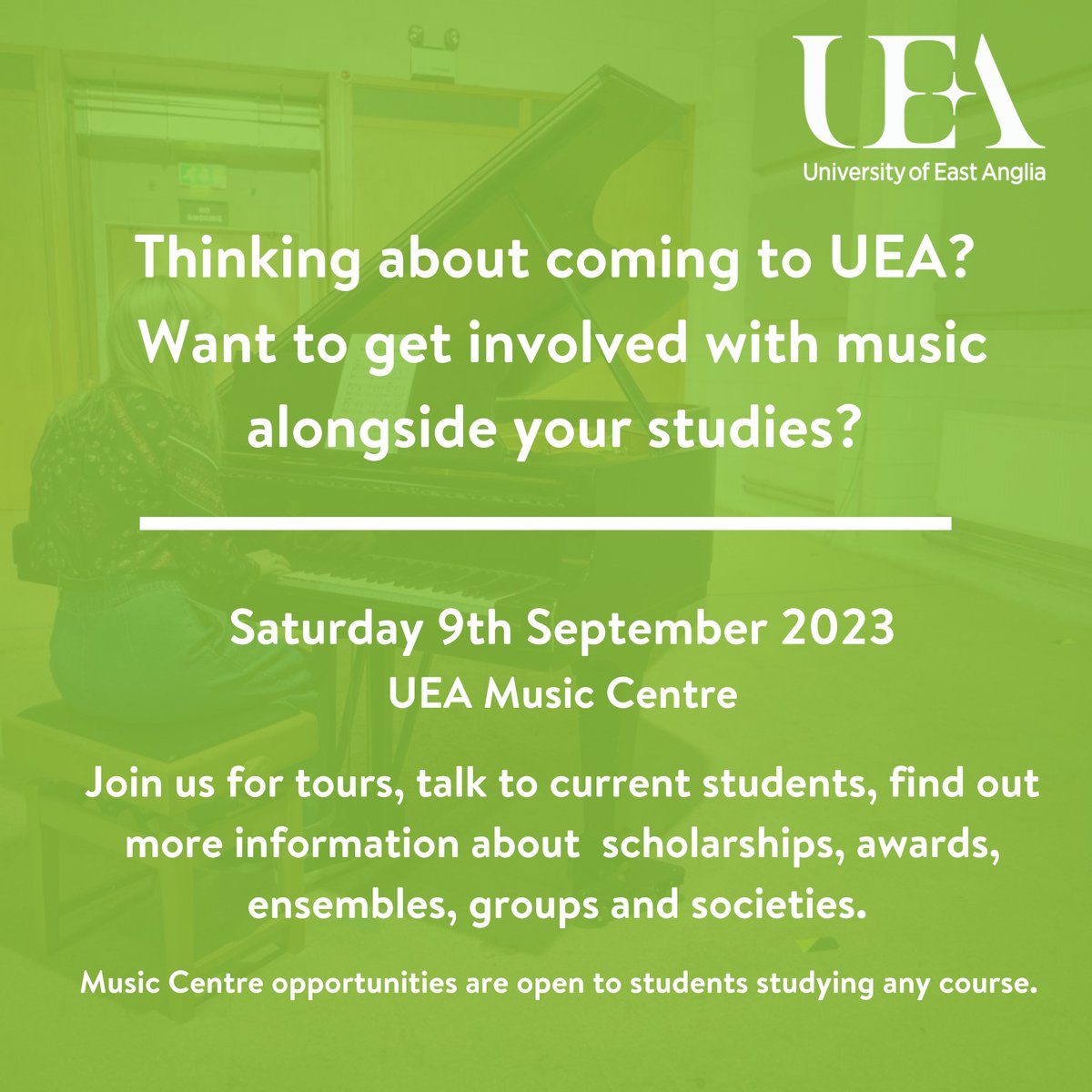 UEAConcerts's tweet photo. Come and join us at the Music Centre at the UEA Open Day on 9th September 2023 to find out about music making at UEA!

For more information head to https://t.co/JAYoHnTUyf

We can't wait to meet you!

#UEAOpenDay https://t.co/dOyU0CwgTv