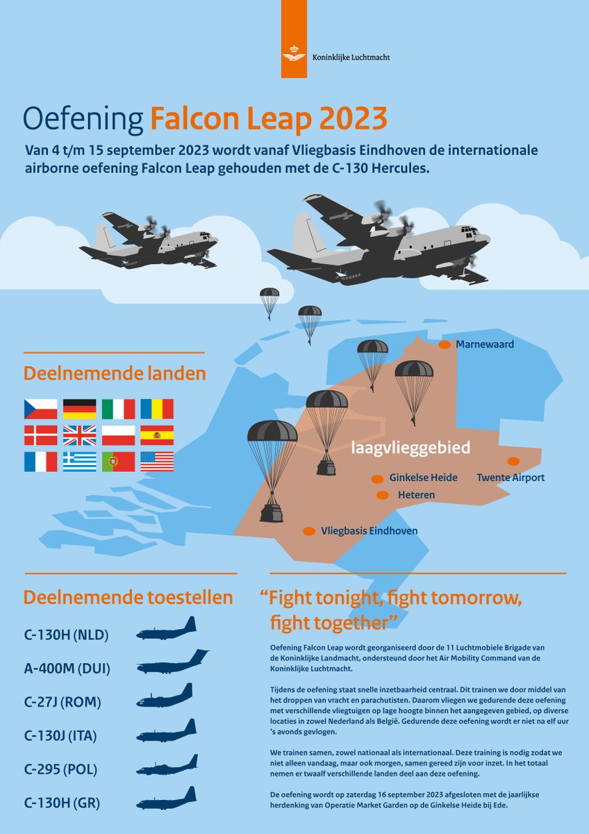 VlbEindhoven's tweet photo. Aanstaande maandag start de oefening Falcon Leap @11luchtmobiel. Tijdens deze oefening staat de internationale samenwerking tijdens het droppen van vracht en parachutisten centraal. Meer info over de oefening en het laagvlieggebied 👉https://t.co/NG0P4nHLU6 #FalconLeap https://t.co/ob6leQzdfY