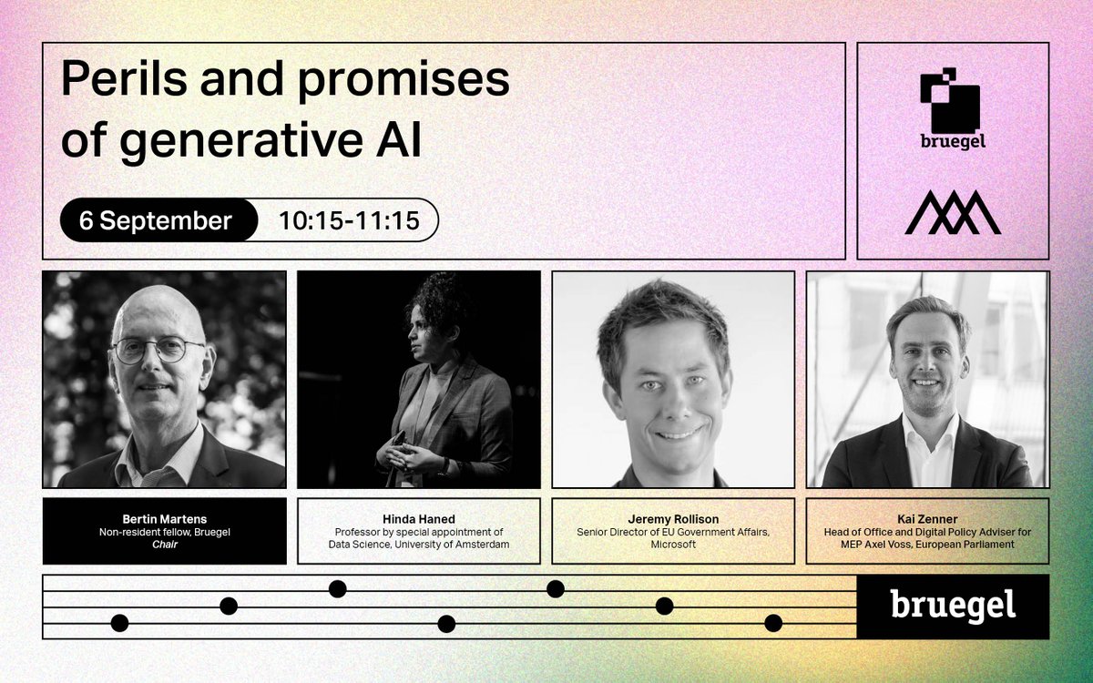 #BAM23 Session 2b: Perils and promises of generative AI Chaired by Bertin Martens, with speakers 🔸@hanedhinda, University of Amsterdam 🔸@rollisonj, @MicrosoftEU 🔸@ZennerBXL, @Europarl_EN Find out more and register to watch the session online➡️bruegel.org/annual-meeting…