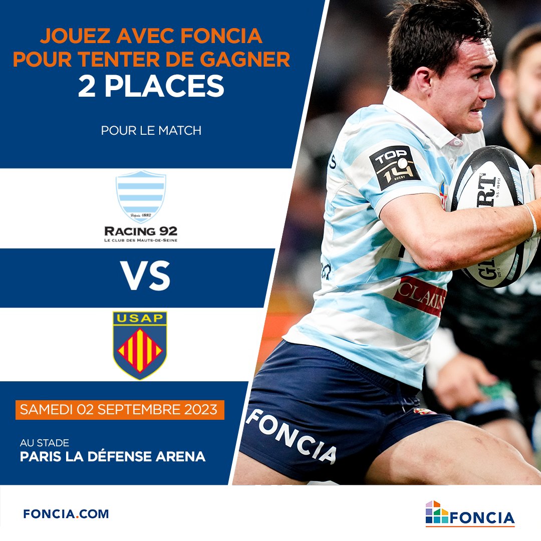 🔴#Jeu #concours🔴 
Ce weekend, supportez le <a href="/racing92/">Racing 92</a> vs <a href="/usap_officiel/">USAP</a> avec #Foncia ! 
Jouez et tentez de gagner 2 places en tribune au #stade <a href="/ParisLaDefArena/">Paris La Défense Arena</a> 🏉​
Pour participer :
- RT ce tweet
- abonnez-vous à <a href="/foncia/">FONCIA</a>
Tirage au sort dans 24h 🤞
#RacingFamily #Racing92 #Top14
