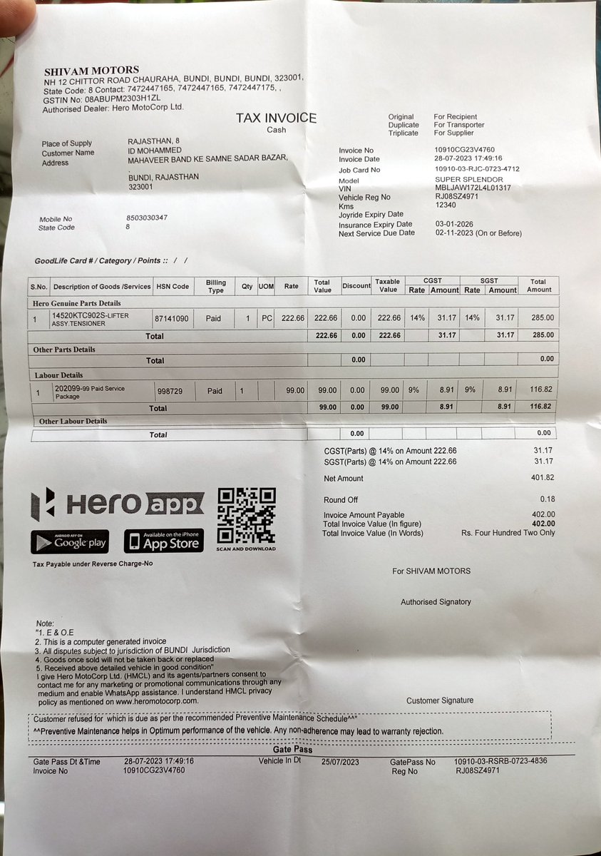 EidMohammed577's tweet photo. @HeroMotoCorp
I had  bought a super splender bike (jan 2021) But from the starting so many problems are faced in it.
The staff of bundi rajasthan service  is very cheap and miss behaviour.
I am not satisfied. Problem is occurred 2 times in a month and they charged it 2 timesalso https://t.co/eaQo30YWdK