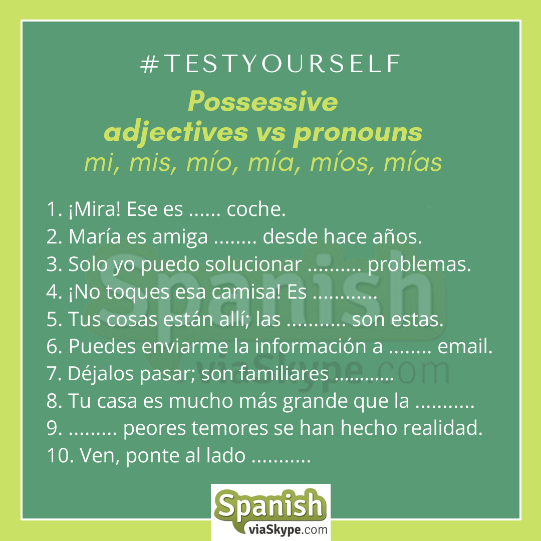 spanishrightnow's tweet photo. Fill the gaps using POSSESSIVE ADJECTIVES VS PRONOUNS in #Spanish.
Test yourself!
Solutions and resources to learn about this topic, below in the comments
👇👇👇
#learnSpanish #Spanishverbs #Spanishverbs #Possessives #Spanishgrammar https://t.co/tl6rfMSgJW