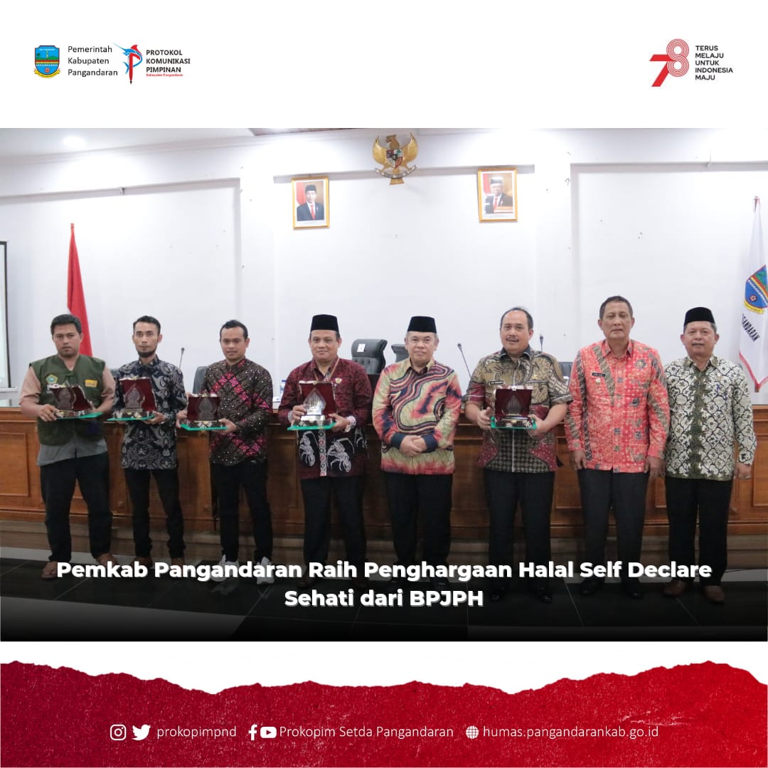 prokopimpnd's tweet photo. Pemerintah Kabupaten Pangandaran menerima penghargaan dari Badan Penyelenggara Jaminan Produk Halal (BPJPH) RI sebagai Kabupaten dengan Jumlah Pendaftaran Halal Self Declare SEHATI BPJPH 2023 terbesar se-Indonesia dengan jumlah 24.178 pendaftaran. https://t.co/wzc7NHh8rt