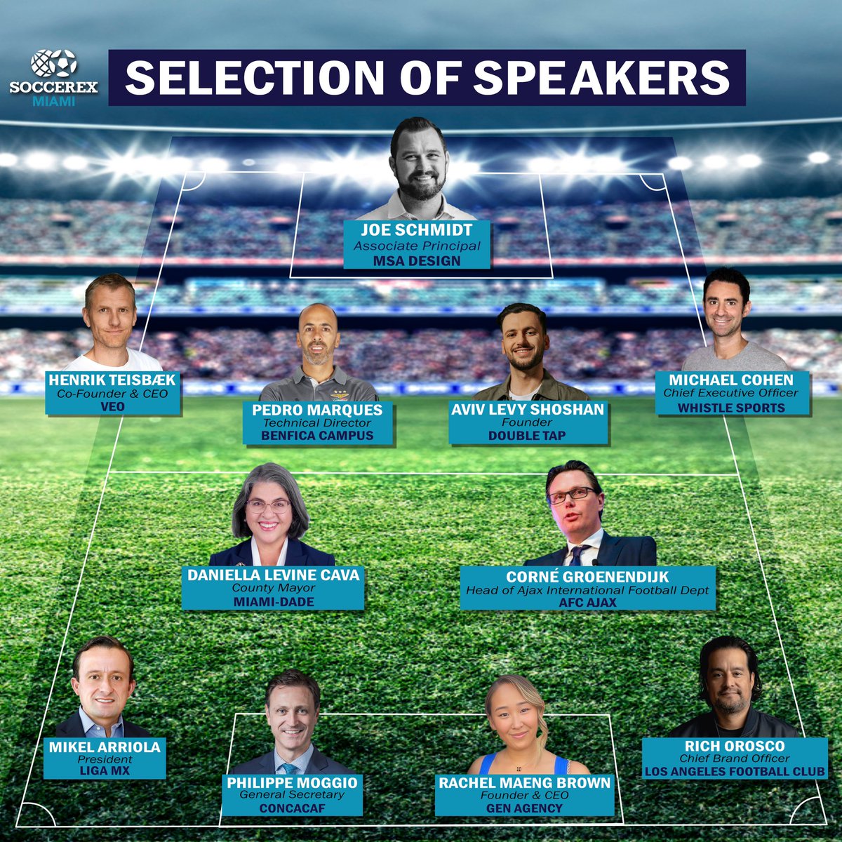 Soccerex's tweet photo. Announcing our next round of #Soccerex speakers we’re welcoming to Miami, this November! 

@msa__design @DoubleTapFam @WhistleSports @veotechnologies @AFCAjax @MiamiDadeCounty @LigaBBVAMX @Concacaf @LAFC @SLBenfica @GEN https://t.co/0NZDwrhJvo