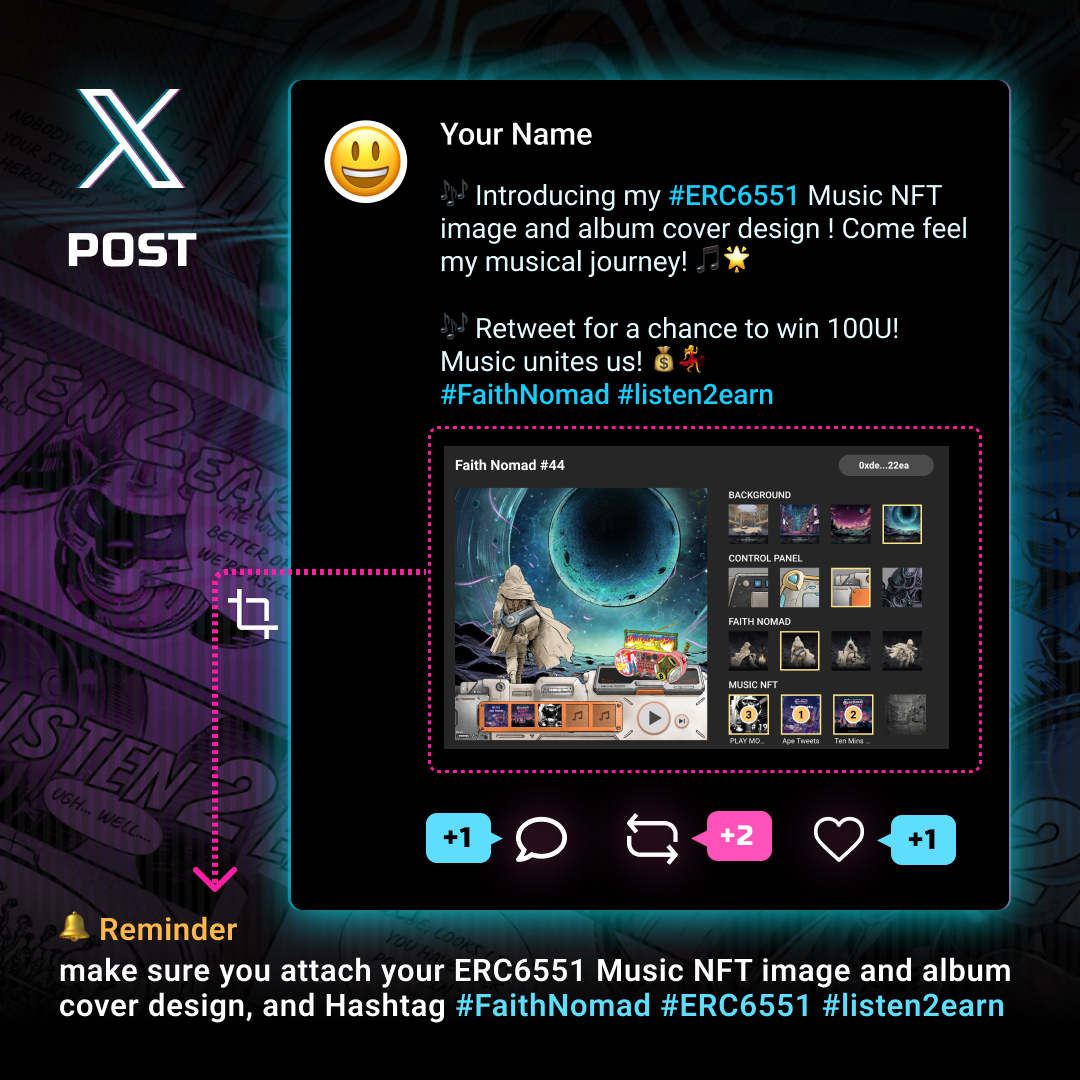 metaboom_nft's tweet photo. 🎵🚀 Ready, set, go! World First ERC6551 Interactive Music Player Show-off Event is now on! 
Share with the world your FaithNomad ERC6551 Music Player with “Rising Star” NFTs and win some prizes! 🚀🎶

💥To join, simply quote retweet:
“Check out my first ERC6551 interactive music player! Let’s rock together! 🎵💎
#FaithNomad #ERC6551 #listen2earn [Your OpenSea URL]”
and attach your ERC6551 Music NFT image and album cover design

🔥The more likes and retweets, the higher your chances to win the prize! Let’s spread the magic of music ! 🌈

🌟This event is exclusively for FaithNomad holders. 
Not a holder yet? Grab one on Opensea to join the fun!
https://t.co/icxBJahKs3