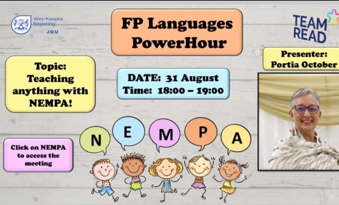 Karen Dudley (@karenr_dudley18) on Twitter photo Foundation Phase Language Power Hour
Thursday: 31 August.
Time: 18h00 - 19h00
wcedeportal.co.za/eresource/2363…
<a href="/WCEDnews/">WCEDNews</a> <a href="/teachingconnect/">Juan Benjamin</a> <a href="/almaret_toit/">Almaret Du Toit</a> <a href="/WestCoast_Edu/">West Coast Education</a> <a href="/metropoleeast/">MEED</a> <a href="/ECKEDOffice/">ECKEDOffice</a> <a href="/EducationMNED/">eLearning_MNED</a> <a href="/MSED_CURRICULUM/">Metro South Education District</a> <a href="/mced_wced/">WCEDCentral</a> <a href="/WCED_CTLI/">Cape Teaching and Leadership Institute</a> <a href="/WCED_Districts/">WCED_CD Districts</a> <a href="/DisesWced/">WCED_DISES</a> Foundation Phase Language Power Hour
Thursday: 31 August.
Time: 18h00 - 19h00
wcedeportal.co.za/eresource/2363…
<a href="/WCEDnews/">WCEDNews</a> <a href="/teachingconnect/">Juan Benjamin</a> <a href="/almaret_toit/">Almaret Du Toit</a> <a href="/WestCoast_Edu/">West Coast Education</a> <a href="/metropoleeast/">MEED</a> <a href="/ECKEDOffice/">ECKEDOffice</a> <a href="/EducationMNED/">eLearning_MNED</a> <a href="/MSED_CURRICULUM/">Metro South Education District</a> <a href="/mced_wced/">WCEDCentral</a> <a href="/WCED_CTLI/">Cape Teaching and Leadership Institute</a> <a href="/WCED_Districts/">WCED_CD Districts</a> <a href="/DisesWced/">WCED_DISES</a>