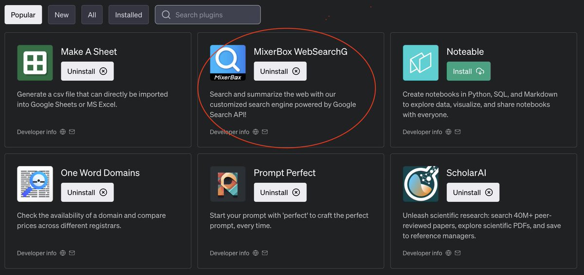 TimmyHuHu's tweet photo. Check the Plugin store’s Popular section for useful plugins. Found MixerBox WebSearchG plugin there, which I’m using. It lets you Google search in ChatGPT &amp; summarizes content you need. So handy～
#ChatGPT #ChatGPTplugin #pluginstore https://t.co/k4Ol29zAU4