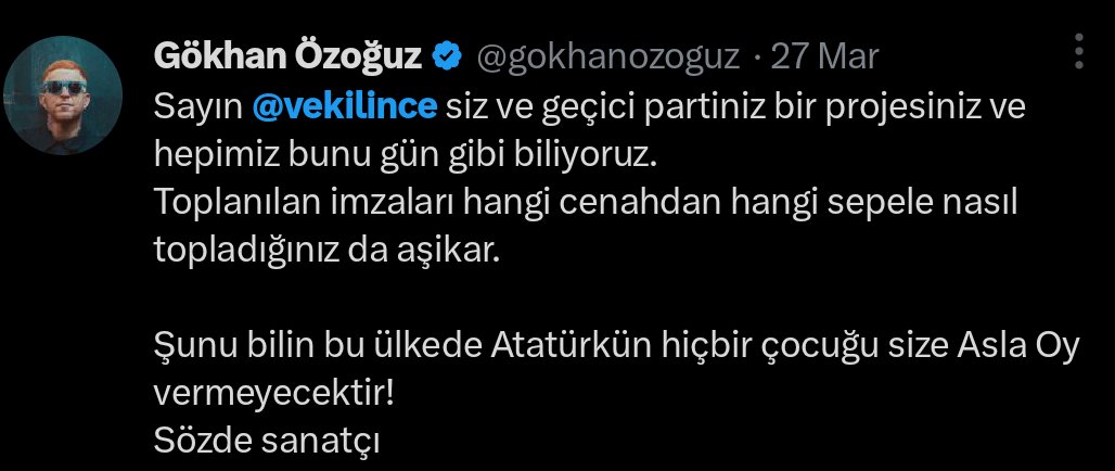 Bilgilendirme:

İnsanları Atatürkçü olmaktan men eden sözde sanatçı Gökhan Özoğuz, 30 Ağustos'a dair hiçbir paylaşım yapmadı.