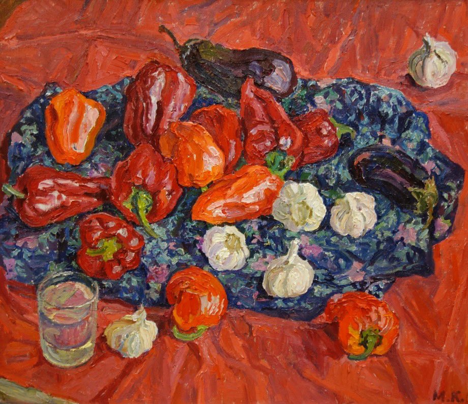 Still life the two red peppers. Maya Kopitseva.1999. Sicilian peperonata is spicier than it’s Florentine counterpart. It included potatoes, green olives and chilli. Recipe on instagram.com/paolagavin #