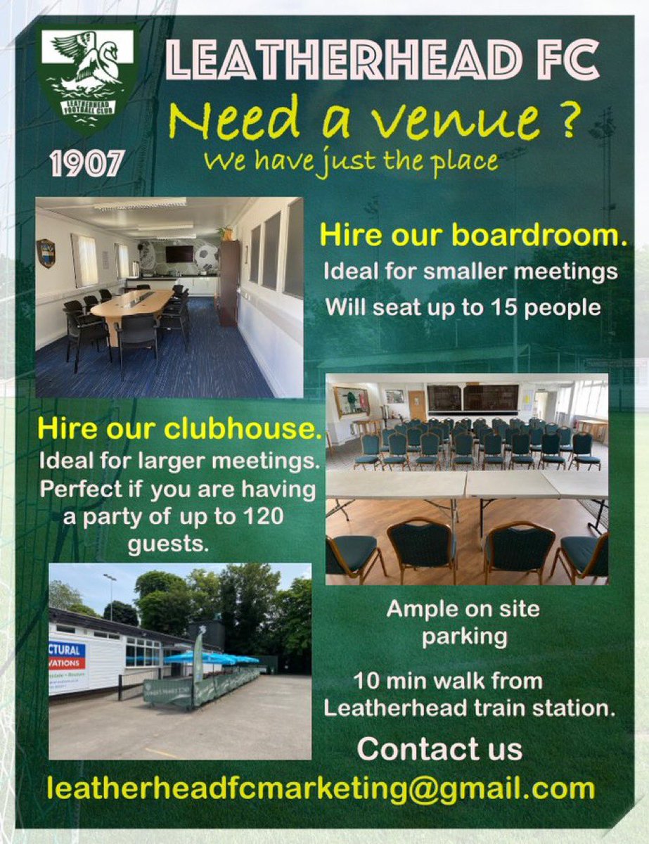 LeatherheadFC's tweet photo. Need a venue with bar then get in touch. Great venue at superb rates. Contact details e mail leatherheadfcmarketing@gmail.com or leave a message on 01372 360151 and we’ll get back to you 💚@livingkt22 #venuehire @ClubTanners #hallhire #ashstead #leatherhead #bookham #roomhire https://t.co/3V8LAp24QD