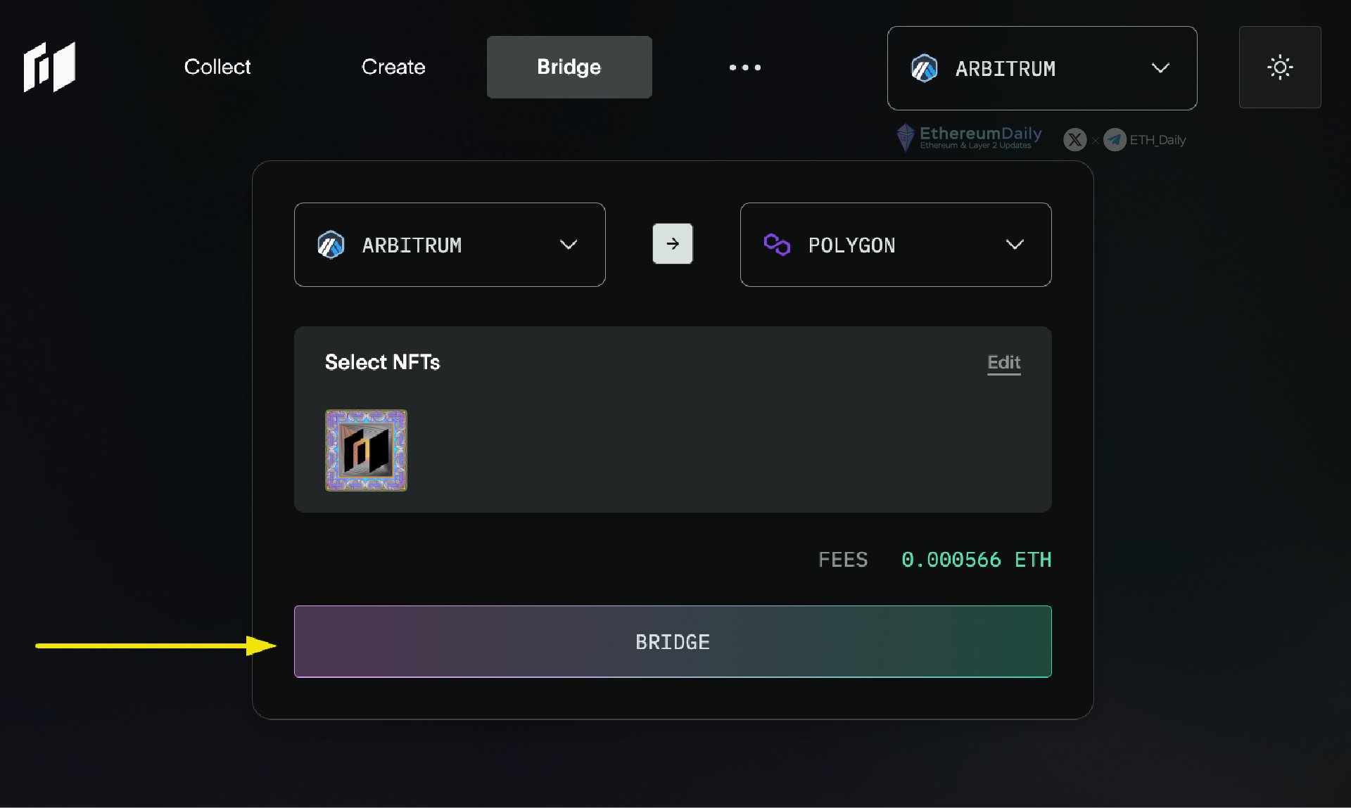 Ethereum Daily on X: "@holographxyz @LayerZero_Labs 2. Using NFT Bridge from LayerZero • Go to: https://t.co/13WTXVlVqH • Select the NFT you just minted • Bridge your NFT from Arbitrum to Polygon The
