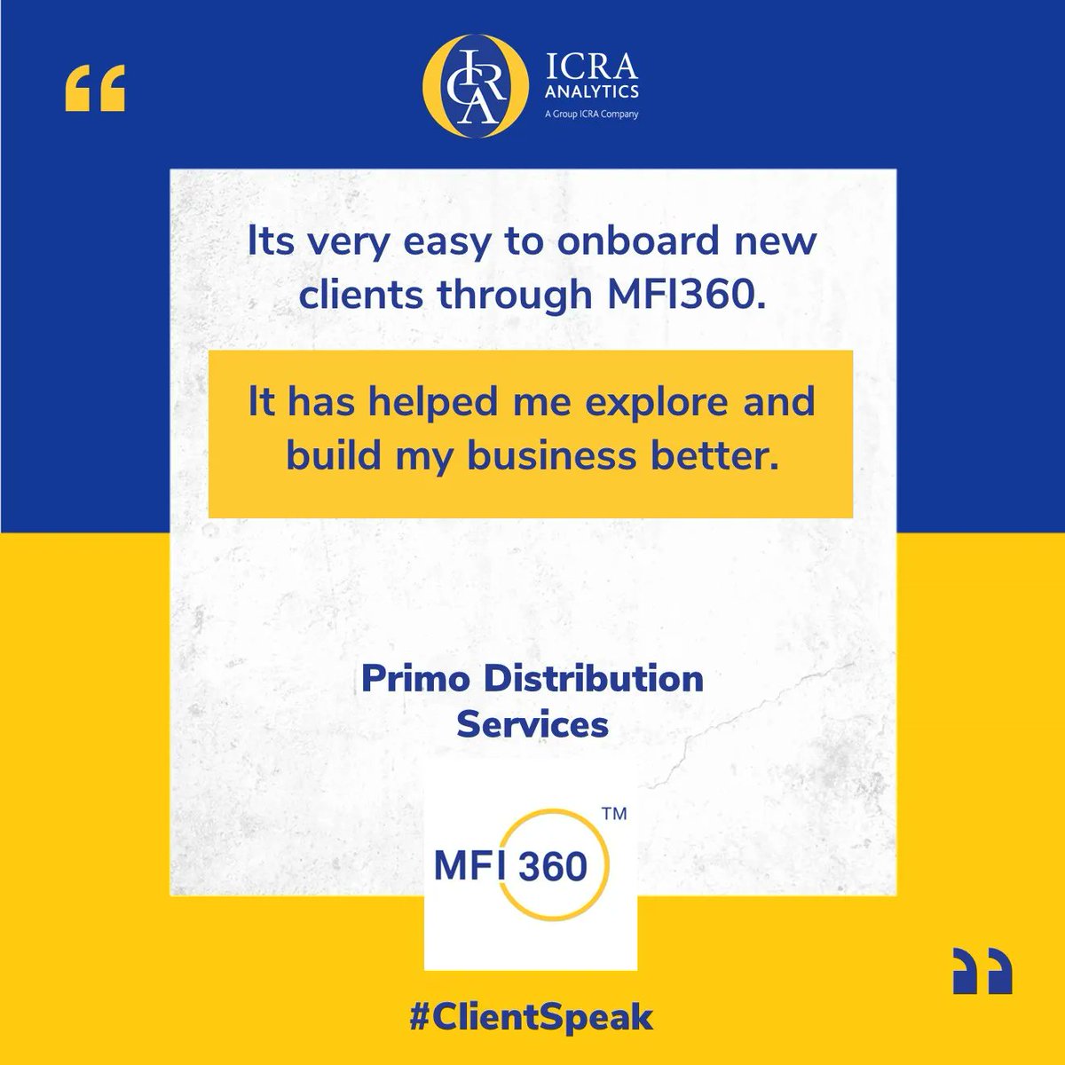 MFI360 from ICRA Analytics aims to make life easier for mutual fund distributors. We're glad that our clients agree!

Discover MFI360 at bit.ly/MFI360

#ClientSpeak #MFI360 #Testimonial #SolutionsThatWork #ICRAAnalytics