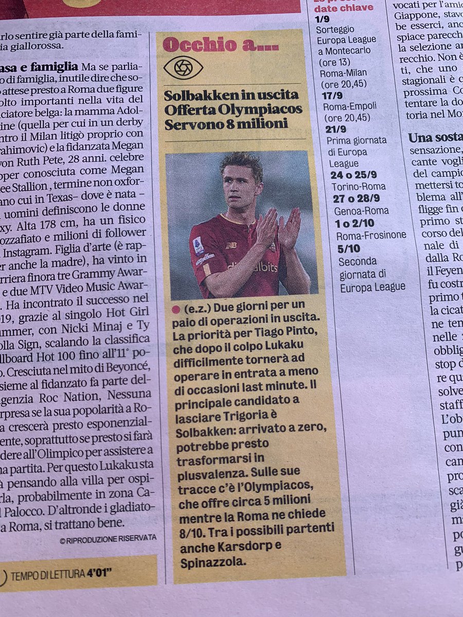 Som flere melder ryktes Ola Solbakken vekk fra Roma etter en halv sesong. Gazzetta melder at Olympiacos leder etter et bud på 5 millioner euro. Likevel ønsker Roma mer for trønderen og krever 8 millioner euro, til tross for at han kom gratis. Uansett vil det være god business🇳🇴🇮🇹