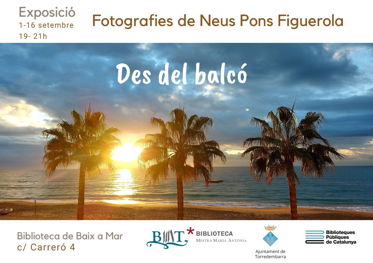 AjTorredembarra's tweet photo. 📷 ‘Des del balcó’, l’exposició de fotografies de Neus Pons Figuerola, a la Biblioteca de #BaixaMar #Torredembarra

📅 De l'1 al 16 de setembre, de 19 a 21 h. 

Inauguració 👉🏼 divendres 1 de setembre, a les 19 h. 

🗞 https://t.co/qQrsk1i9Ng https://t.co/LM6FqrTicn
