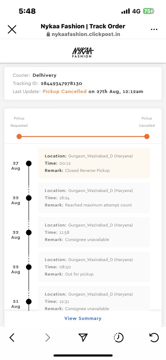 Pari26jan's tweet photo. @MyNykaa @nykaafashion @nykaa worst experience. No update regarding issues which was shared on the website. One item is scheduled for pickup from 20th Aug-23 and no body tried to contact me and now they have closed the same on their site. One one the fraud website. https://t.co/LpjuRlj3gE