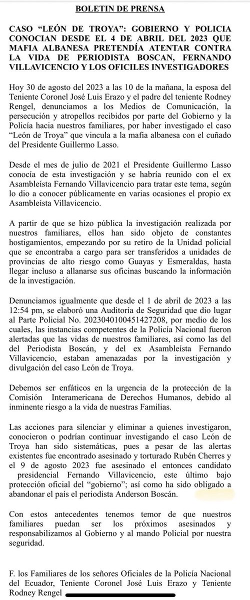 #BOLETÍN DE #PRENSA‼️ de los #FAMILIARES de los #POLICÍAS #INVESTIGADORES 
Desde el mes de abril del 2023, el #GobiernoLasso 👠👠 y la #PoliciaNacional 🚓  ya sabían que iban a atentar contra la vida de Fernando Villavicencio, Andrés Boscan, Runbén Cherres y los Agentes…