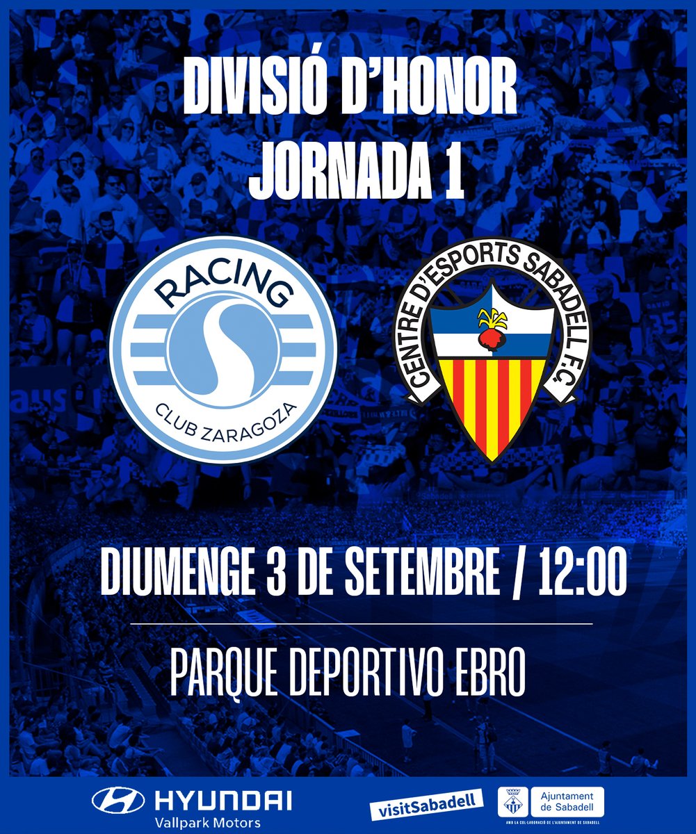 💙 [Juvenil A] 🤍

🏆 Divisió d'Honor | J1

🆚 <a href="/rcdzaragoza/">Racing Club Zaragoza</a>
 
🔜 Diumenge 3 de setembre
⏰ 12:00 h
🏟 Parque Deportivo Ebro

💪🏻 Comença la lliga, Arlequinats! 🔥

#FutBaseCES | #EscollimElSabadell