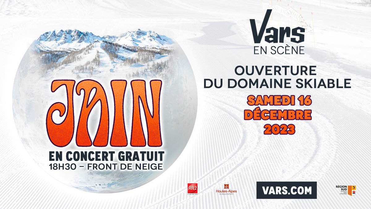 🎉 Jain sera sur scène le 16 décembre pour la 15ème édition de Vars en Scène et l'ouverture du domaine skiable de la Forêt Blanche ! ❄️

Plus d'infos 🔗 bit.ly/3Pj5DJx