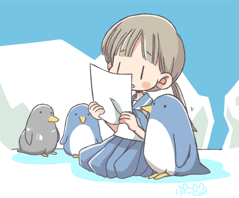 1girl bird penguin school uniform twintails serafuku sitting  illustration images
