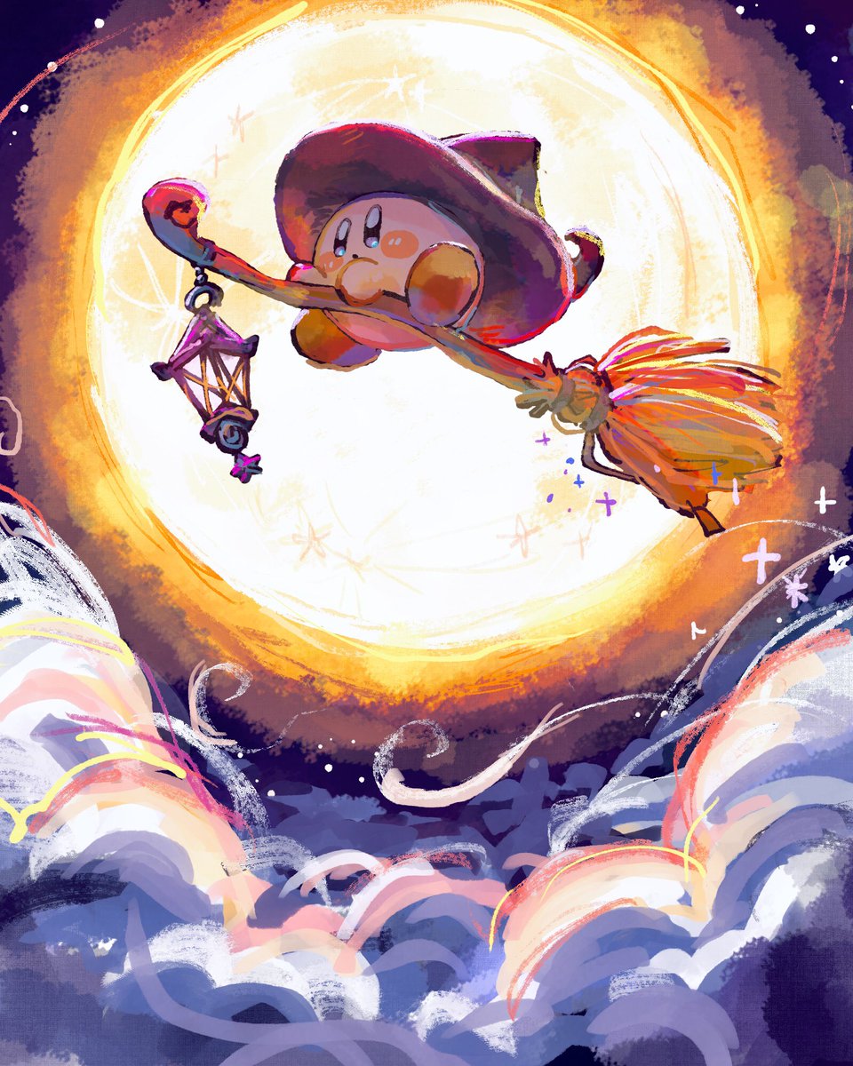 kirby broom broom riding moon hat witch hat no humans sky  illustration images