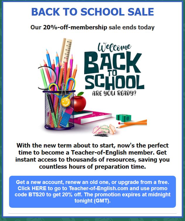TeachofEnglish's tweet photo. Our Back to School sale ends in just a few hours. Get 20% off membership with promo code BTS20.

Find out more at https://t.co/bZbxbt4ApZ https://t.co/yQPNbMcw7A