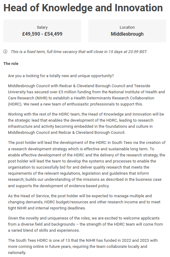 Scottylloyd1979's tweet photo. Are you a strategic leader looking for a new challenge?

Apply to be our Head of Knowledge and Innovation, driving forward the NIHR Health Determinants Research Collaboration in South Tees.

https://t.co/BJ8YTT4nG3 https://t.co/AFzN382jiS