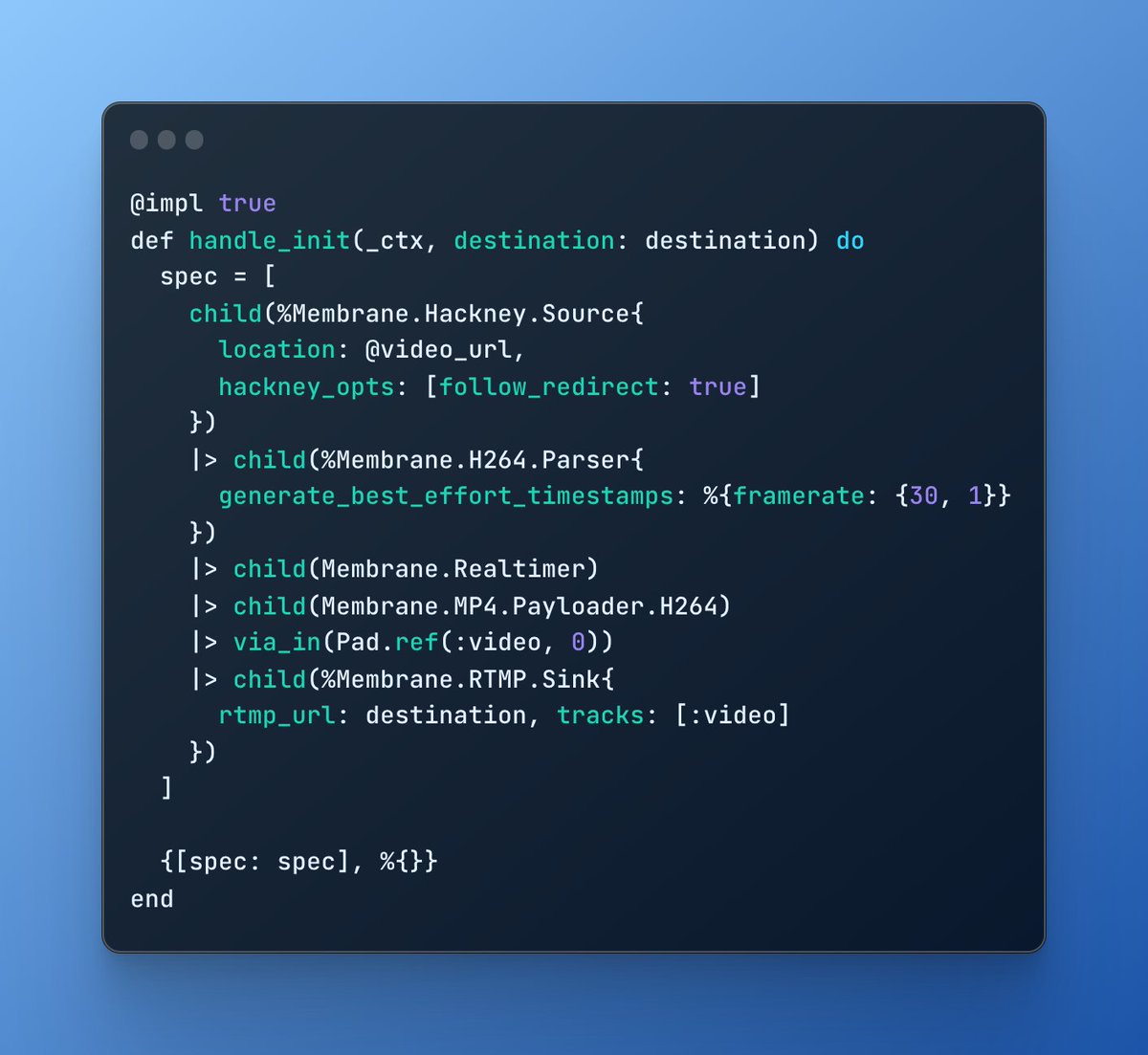 swmansionElixir's tweet photo. We're proud to announce that our pure-Elixir H264 parser is now feature complete! 🔥
The last missing 🧩was timestamp generation, released last week.
Here's how you can use it to stream #H264 via #RTMP: 🧵
#MyElixirStatus https://t.co/GuvIy5cmuF