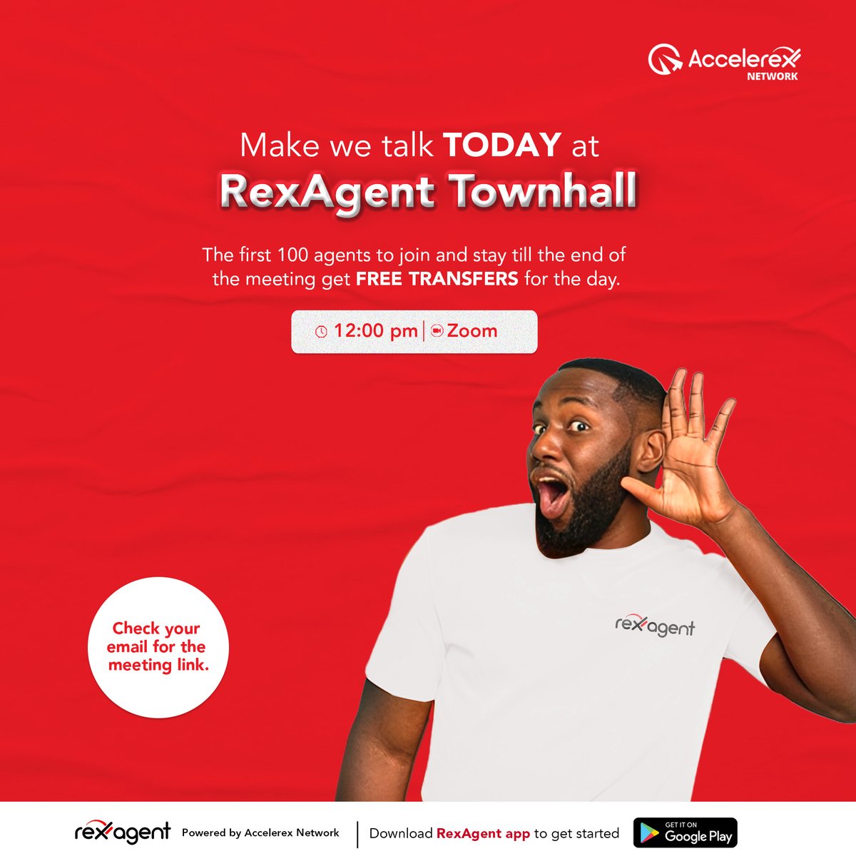 AccelerexN's tweet photo. It’s D-day! Discover how to earn more from our upcoming feature, share your feedback, get resolution, and enjoy FREE TRANSFERS for the day.

Set your reminder and check your email/SMS for the meeting link.

#Accelerex
#Accelerexnetwork
#RexAgent
#Financialinclusion https://t.co/CDvJynrQep