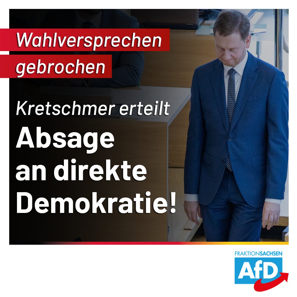 AfD_SLT's tweet photo. In dieser Wahlperiode wird es kein Gesetz für mehr direkte Demokratie in #Sachsen geben. Offenbar fürchtet MP Kretschmer die Mitsprache des Volkes.

Die AfD ist die einzige Partei, die direkte Demokratie nach Schweizer Vorbild einführen will.

https://t.co/32q7xNjtwy https://t.co/TG00iD44LQ