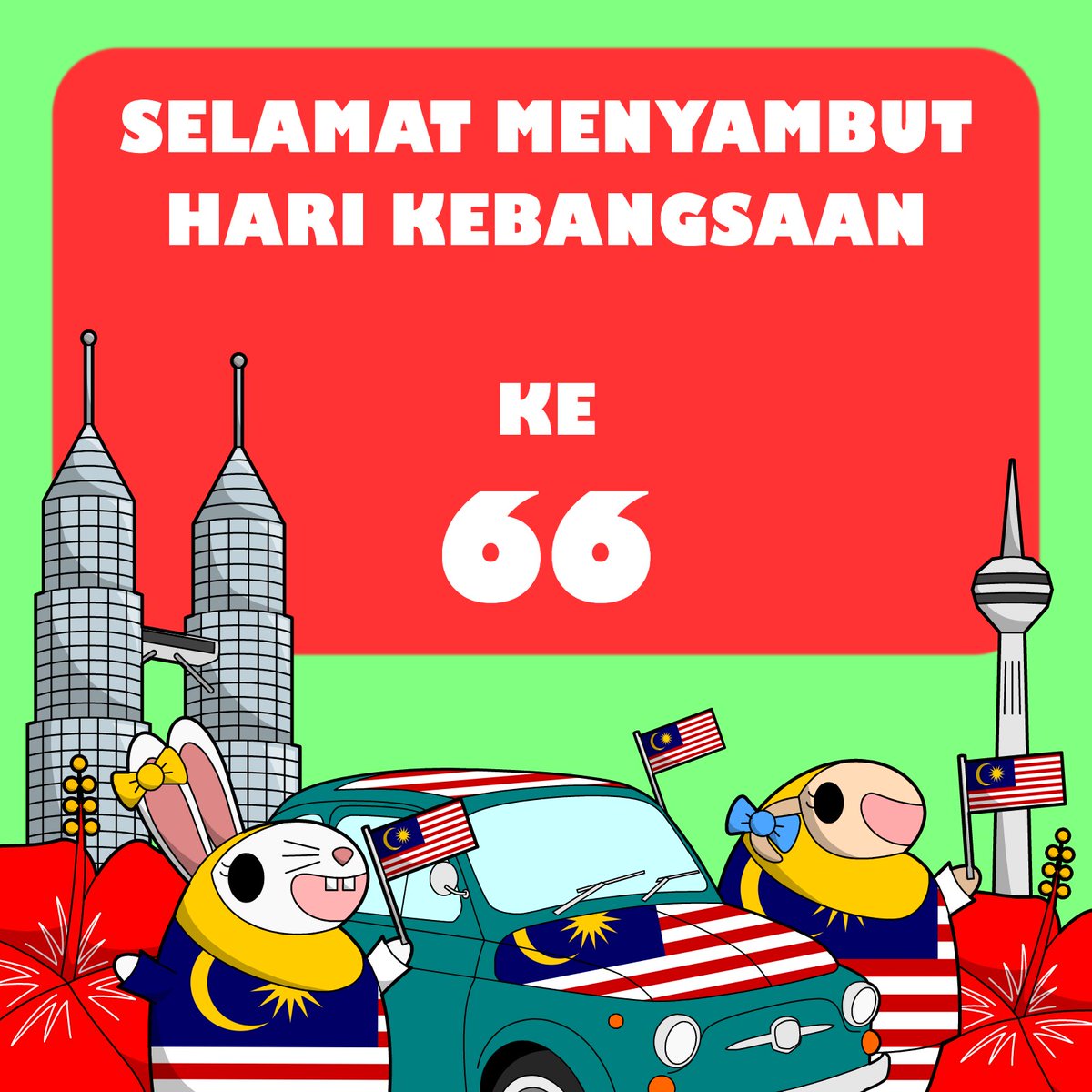 Selamat Hari Merdeka yang ke-66, tulus ikhlas daripada admin Kambing Putih and Friends, termasuk daripada cikgu Fatin, Alia dan Fiat 500 🇲🇾 
#merdeka #malaysia #kambingbiribiri #arnab #sheep #rabbit #fiat500 #malaysiaprihatin