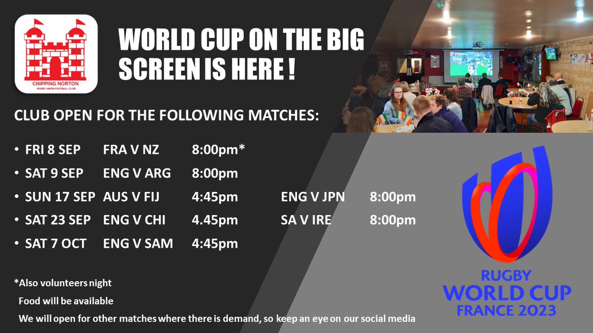 ‼️The Rugby World Cup is nearly here ‼️🏉 Come and enjoy all the key games on the best big screen in town and spend your beer money on community rugby. We can't wait to see you! #cnrufc #WorldCupRugby #chippingnorton