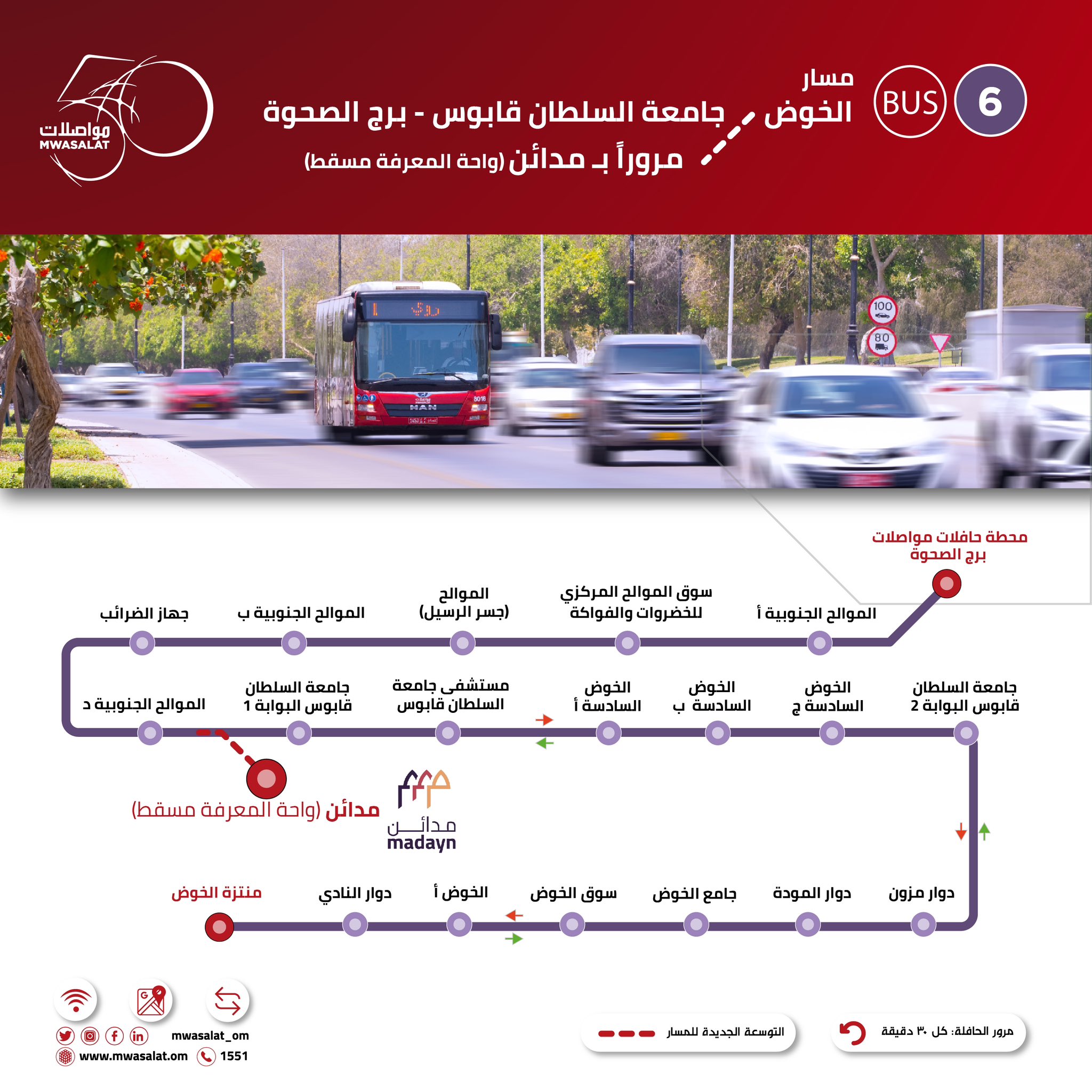 Muscat Bus Route 6, Al Khoudh - Sultan Qaboos University - Burj Al Sahwa